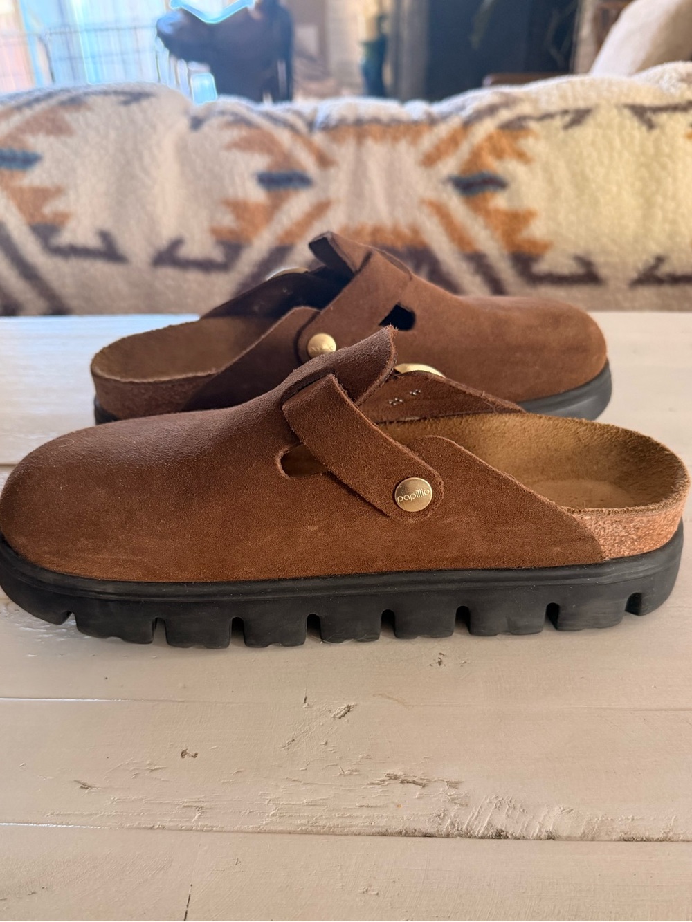 Birkenstock Brown Suede Clog Mule with Black Lug Sole